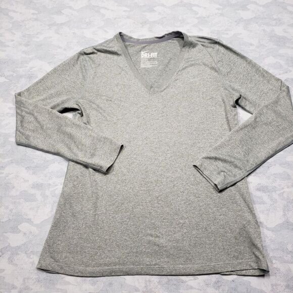 Nike Top Womens Large Gray‎ Long Sleeve V Neck Dri-fit Regular Fit - Picture 1 of 12